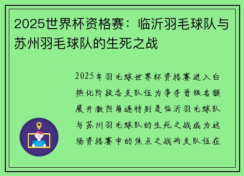 2025世界杯资格赛：临沂羽毛球队与苏州羽毛球队的生死之战