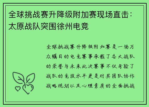 全球挑战赛升降级附加赛现场直击：太原战队突围徐州电竞